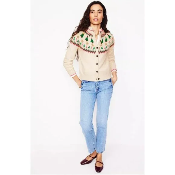 New Boden Edie Fair Isle Alpaca Blend Holiday Cardigan Sweater Cream S MSRP$150 - Picture 9 of 13